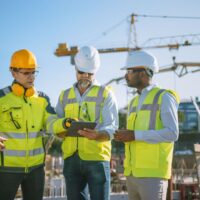 Diverse Team of Specialists Use Tablet Computer on Construction